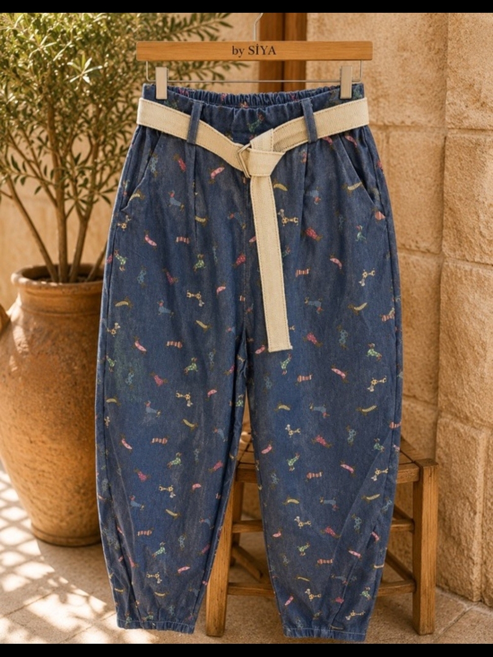 Barrel Pants-From Italy Dog Printed Barrel Pants with Woven Belt OS